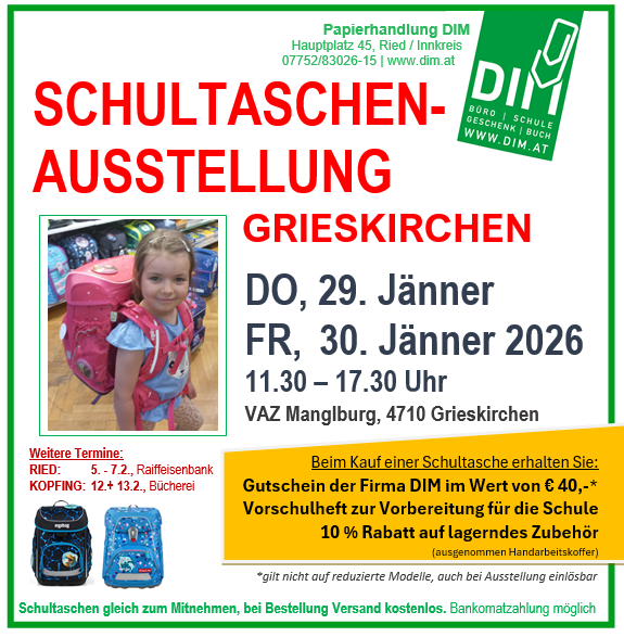 Schultaschenausstellung GRIESKIRCHEN – Jänner 2026