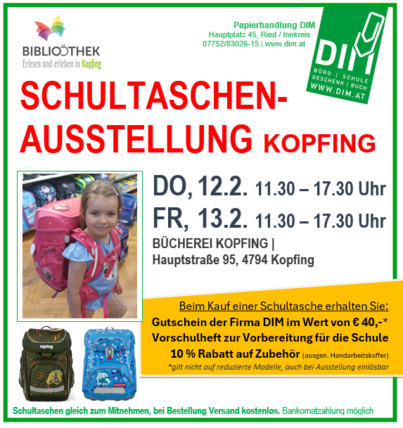Schultaschenausstellung KOPFING – Februar 2026